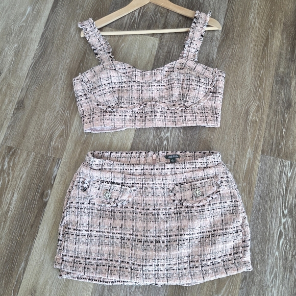 Wild Fable Tweed Boucle Tiny Tank Crop Top & Skort Set Pink NWT Skirt Spring - Picture 4 of 16